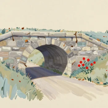 A wide stone culvert with a trickle of water and a high line of dried debris from spring floods