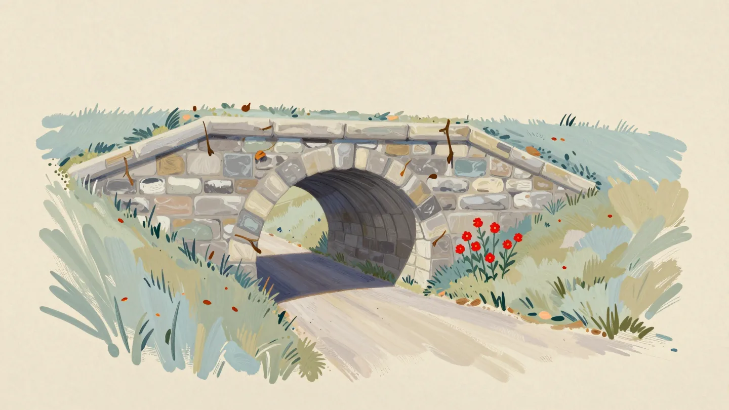 A wide stone culvert with a trickle of water and a high line of dried debris from spring floods