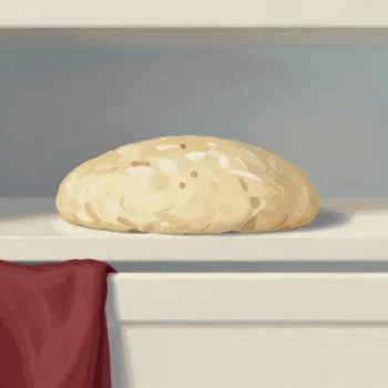 Rising bread dough pressed flat against the shelf above it in a cramped cupboard, a red tea towel on the door
