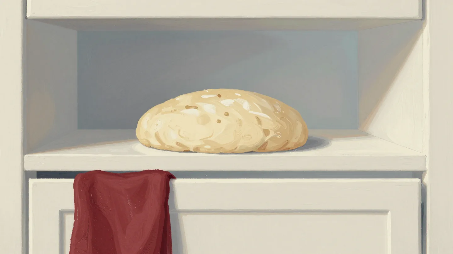 Rising bread dough pressed flat against the shelf above it in a cramped cupboard, a red tea towel on the door