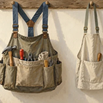 Heavy and light tool aprons supported by suspenders with visibly different loads