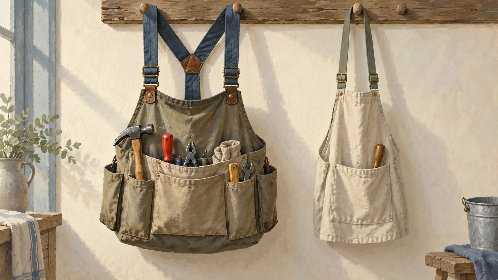 Heavy and light tool aprons supported by suspenders with visibly different loads