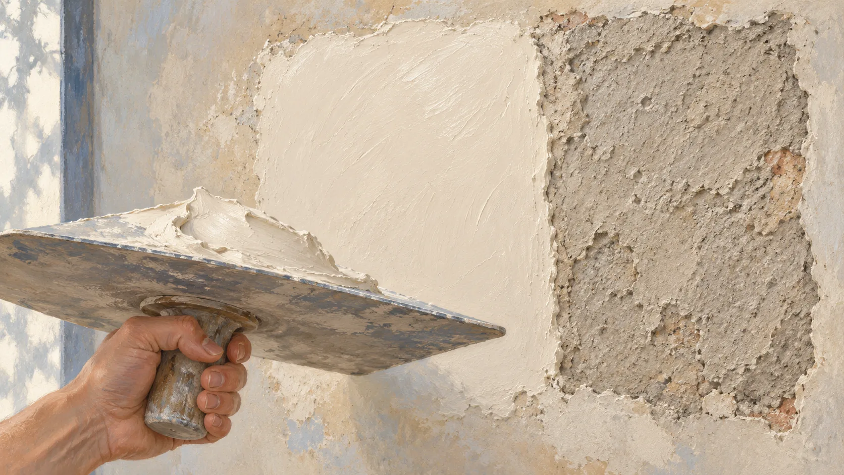 A plaster hawk beside one freshly plastered wall patch and one unchanged patch