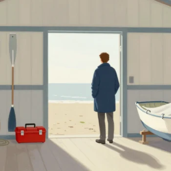 A person seen from behind in the doorway of an old boathouse, oars and a covered boat inside, a closed red toolbox nearby