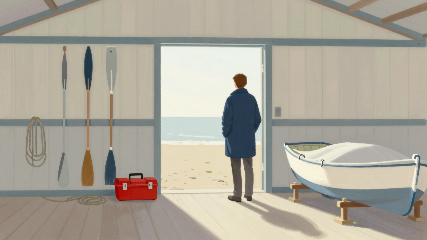 A person seen from behind in the doorway of an old boathouse, oars and a covered boat inside, a closed red toolbox nearby