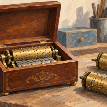 The same wooden music box accepts different interchangeable music cylinders