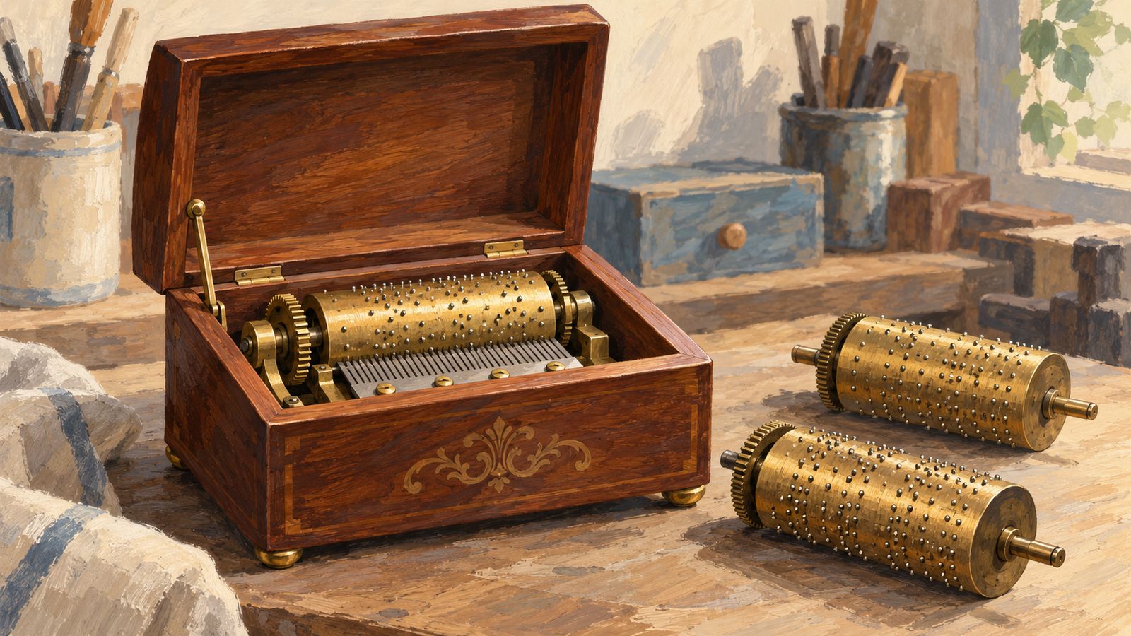 The same wooden music box accepts different interchangeable music cylinders