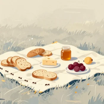 An ant trail crosses a picnic cloth toward the food
