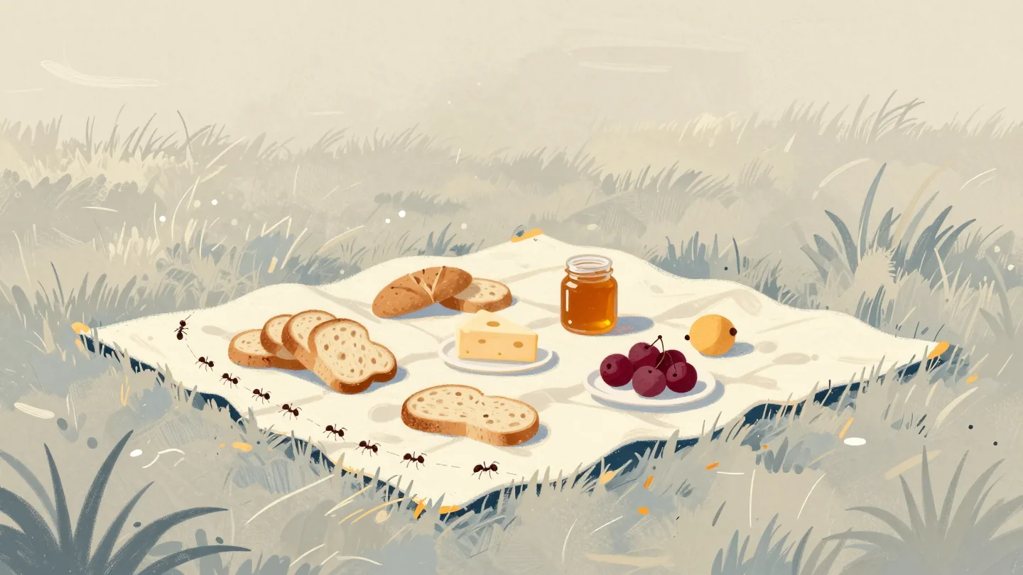 An ant trail crosses a picnic cloth toward the food