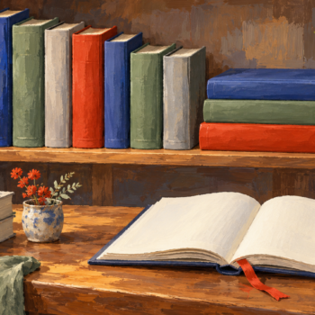 Books are neatly arranged while a separate record book remains unchanged