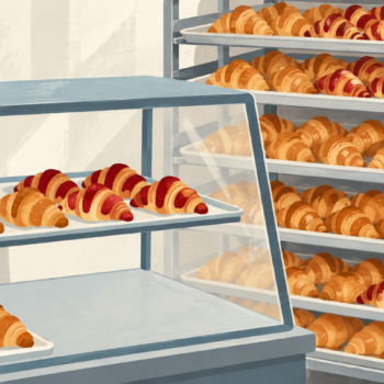 Fresh bakery trays are ready on a rack before the counter needs them