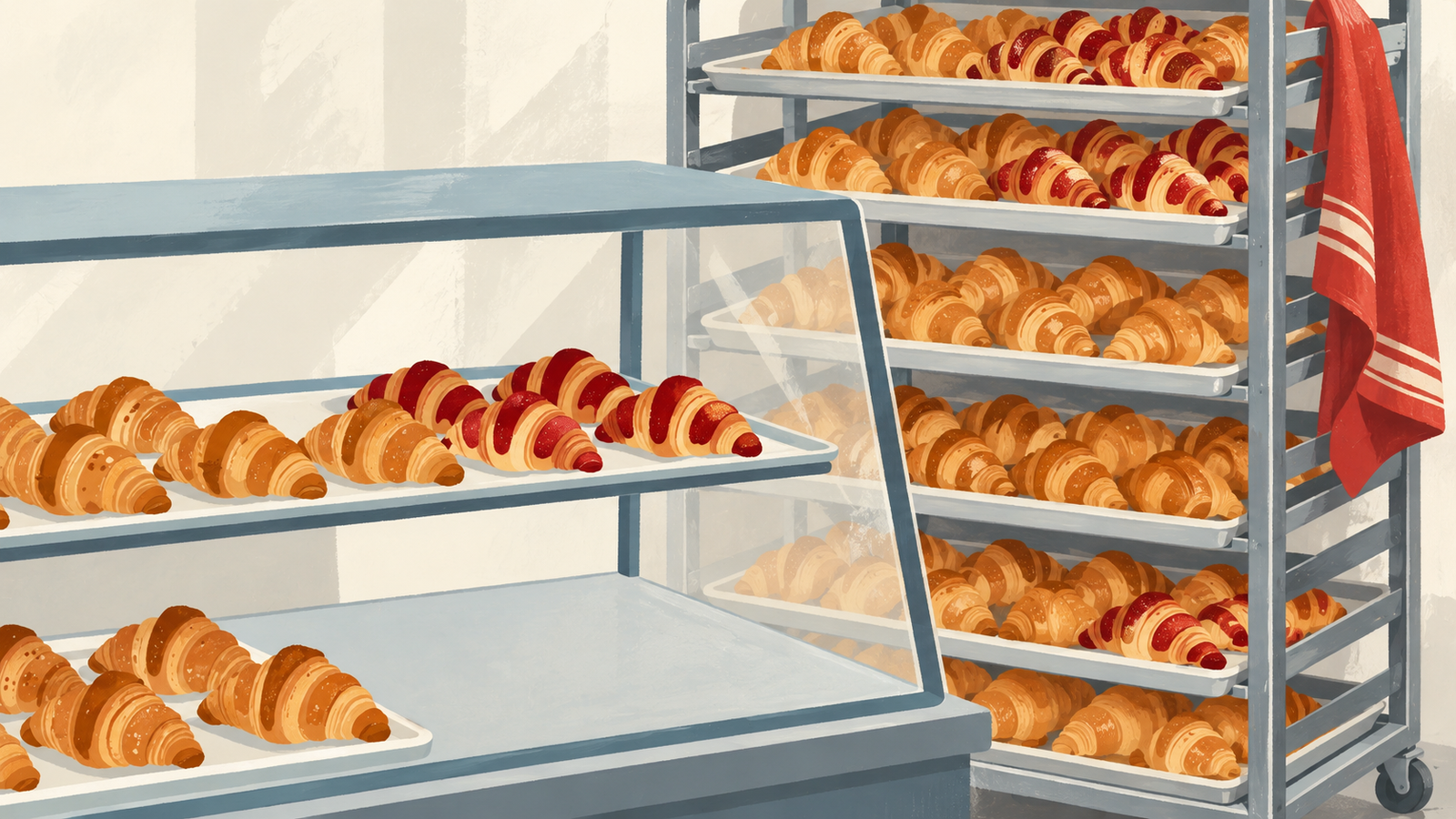 Fresh bakery trays are ready on a rack before the counter needs them
