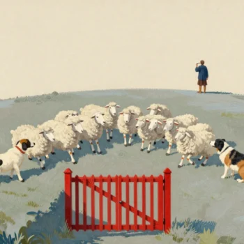 Two sheepdogs on a hillside pushing a flock opposite ways while a shepherd seen from behind raises a whistle.