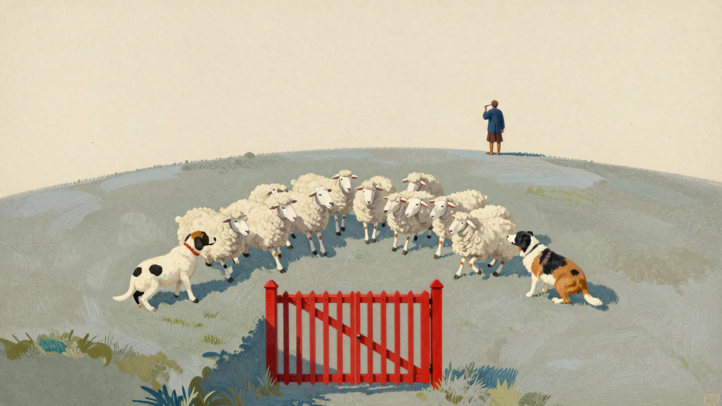 Two sheepdogs on a hillside pushing a flock opposite ways while a shepherd seen from behind raises a whistle.