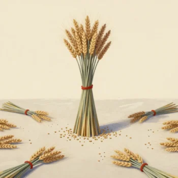 Many small loose bundles of wheat on a barn floor around one tall sheaf tied in red.