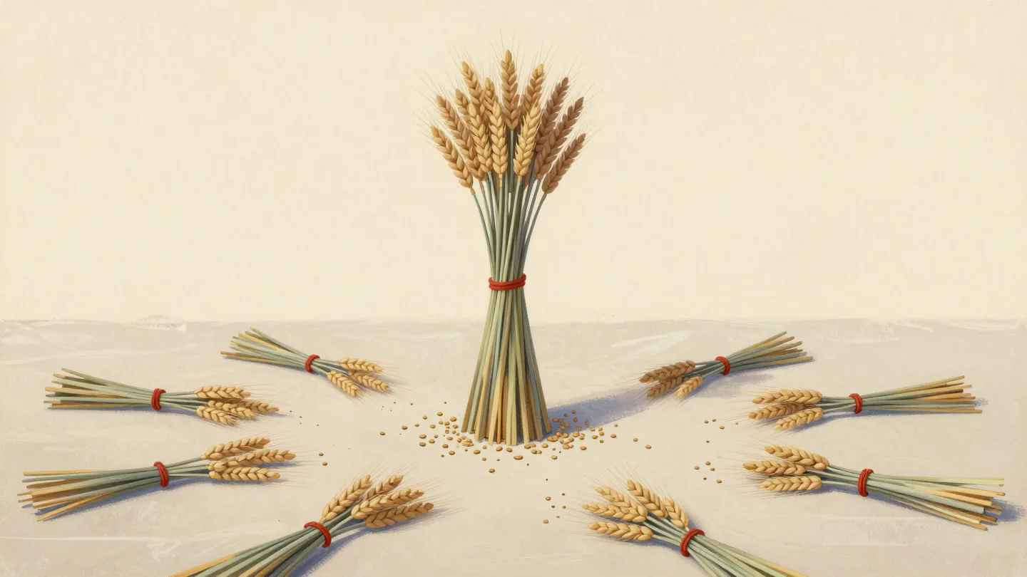 Many small loose bundles of wheat on a barn floor around one tall sheaf tied in red.