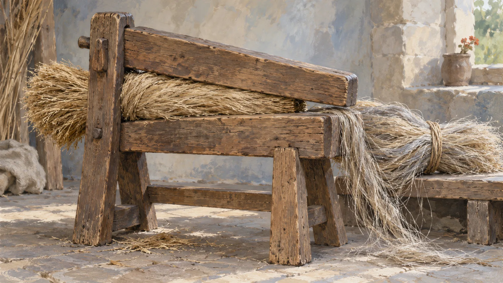 A flax brake handling coarse fiber while finer strands extend beyond its working reach