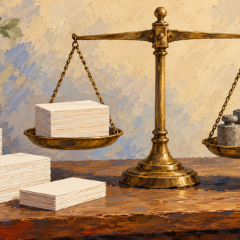 Stacks of blank index cards are weighed on a brass balance