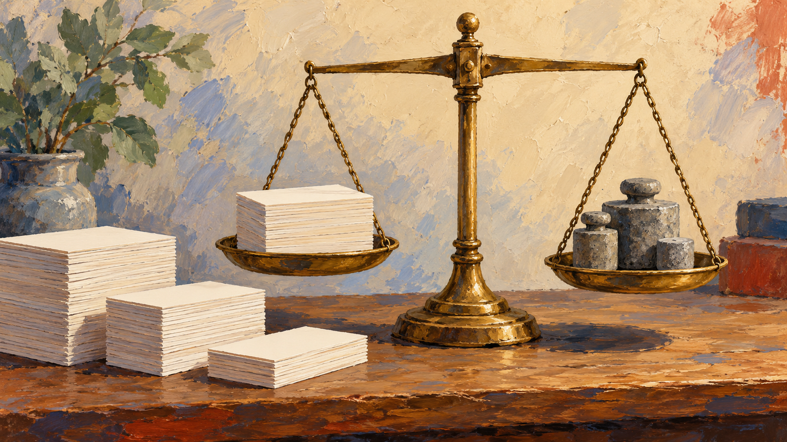 Stacks of blank index cards are weighed on a brass balance