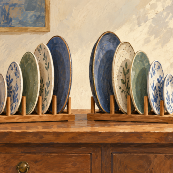 Graduated plates stand in two racks in opposite size orders