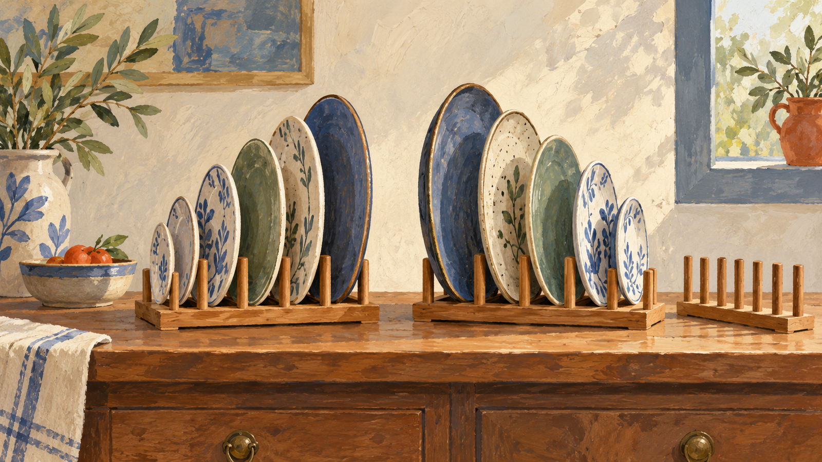 Graduated plates stand in two racks in opposite size orders