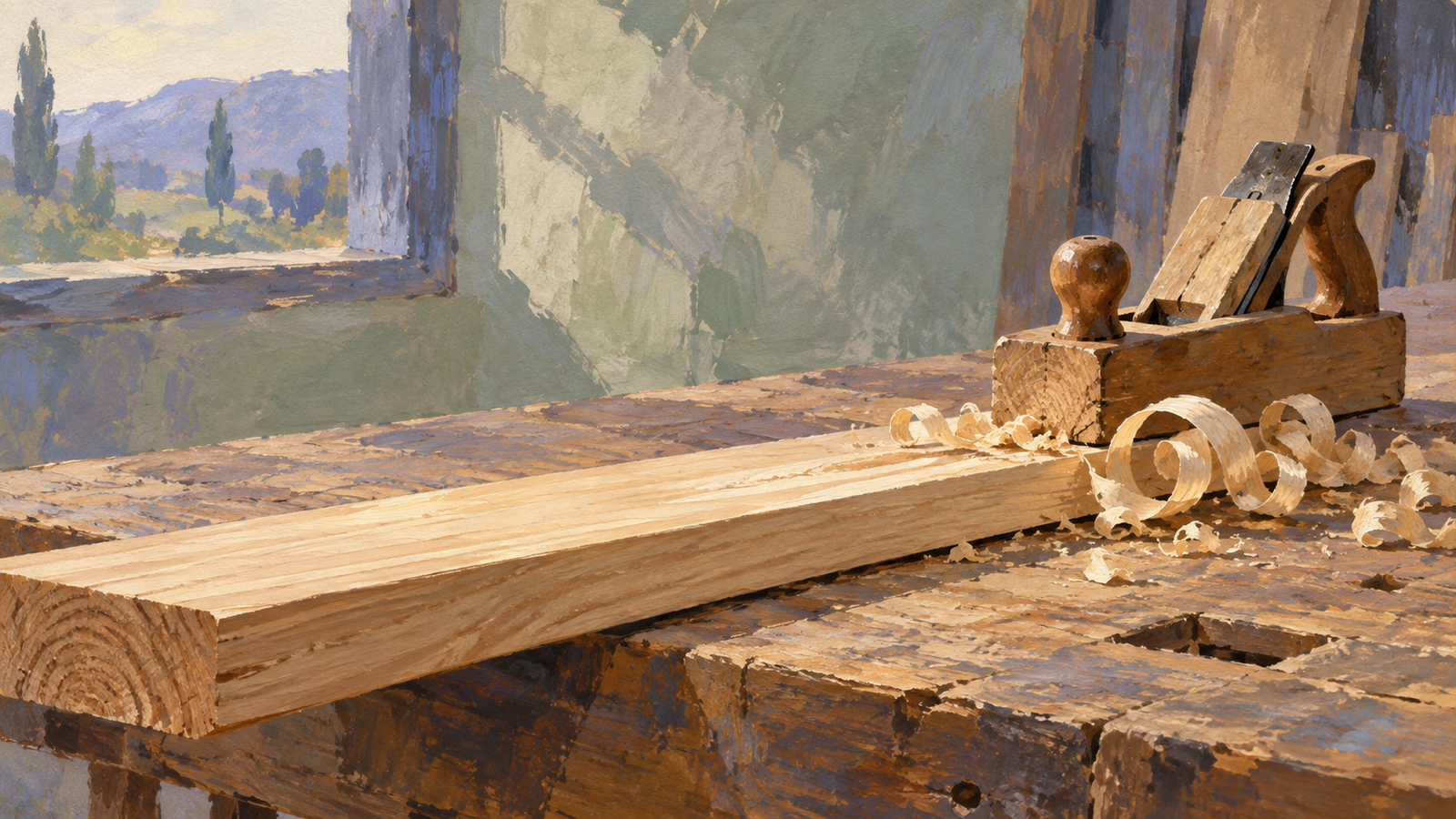 A handplane removes fine shavings while the wooden board remains intact