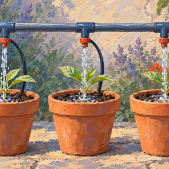 A common watering pipe feeds three matching plant pots together