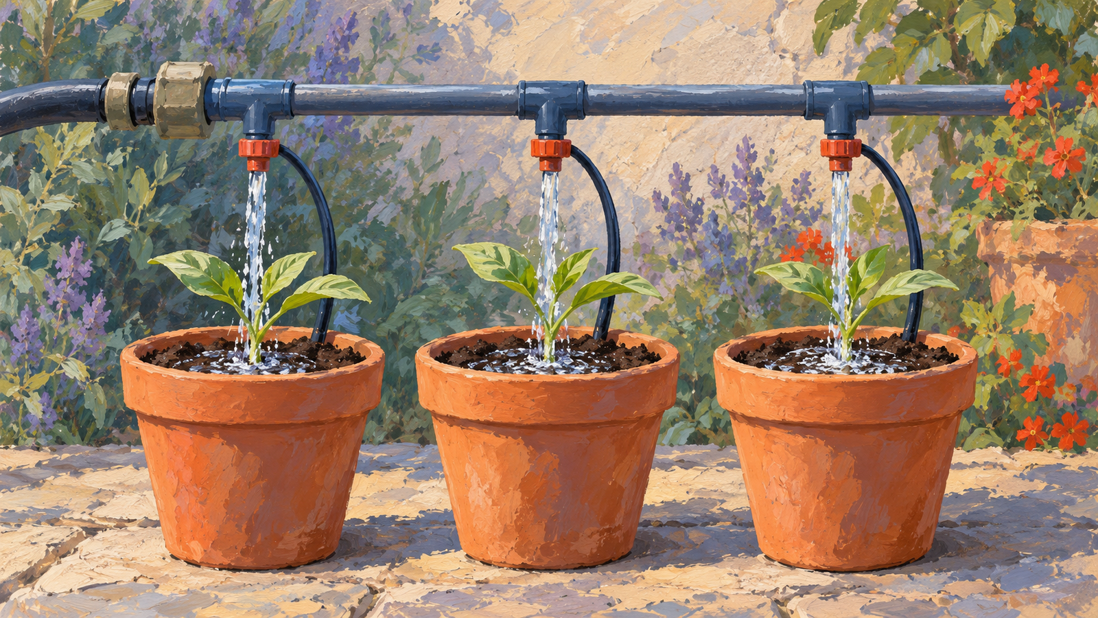 A common watering pipe feeds three matching plant pots together