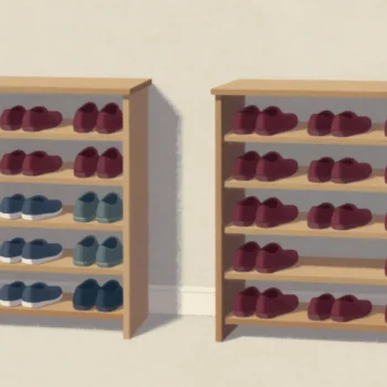 Two shoe racks with the same shoes, red pairs grouped on one and scattered on the other.