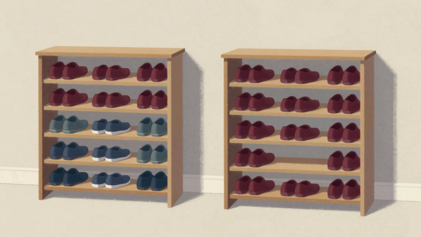 Two shoe racks with the same shoes, red pairs grouped on one and scattered on the other.