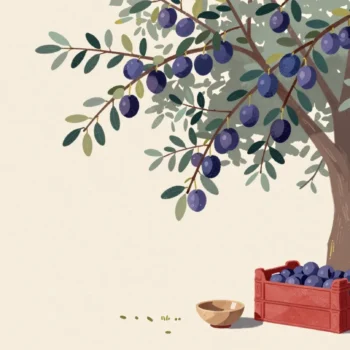 A laden plum tree with a tiny bowl at its foot and a large red crate beside it.