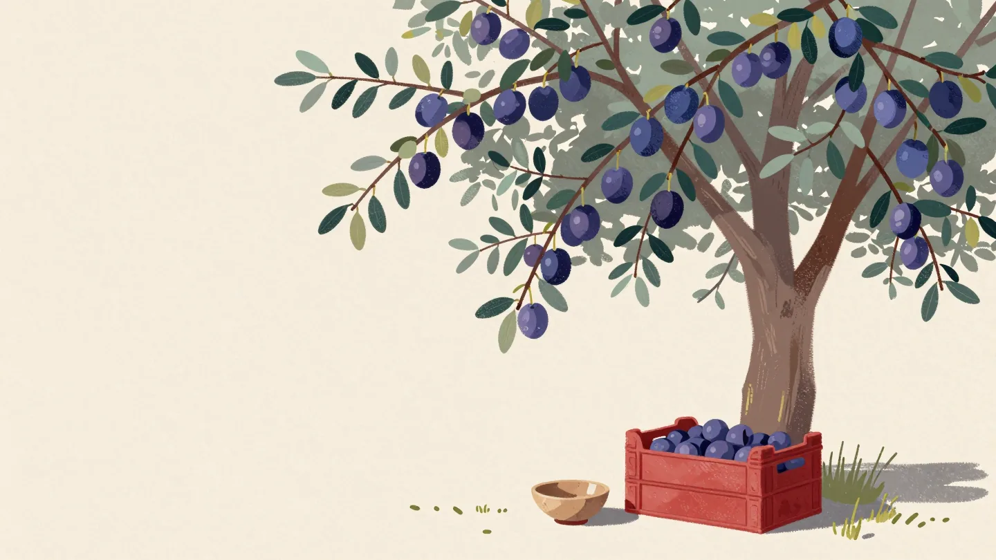 A laden plum tree with a tiny bowl at its foot and a large red crate beside it.