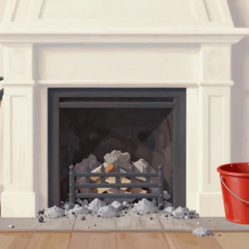 An old fireplace buried in years of gray ash, a small shovel and an empty red ash bucket beside it