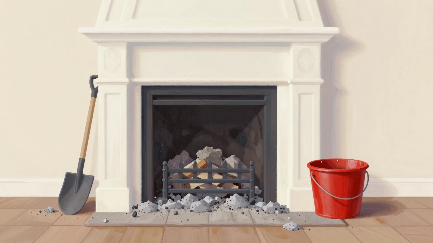 An old fireplace buried in years of gray ash, a small shovel and an empty red ash bucket beside it