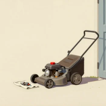 A hand fitting a new red-capped spark plug into a lawn mower, the old blackened one on a rag