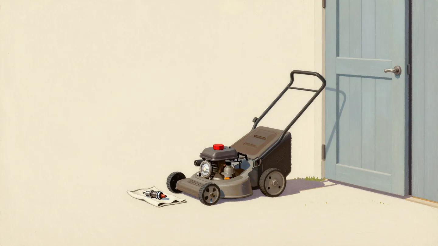 A hand fitting a new red-capped spark plug into a lawn mower, the old blackened one on a rag