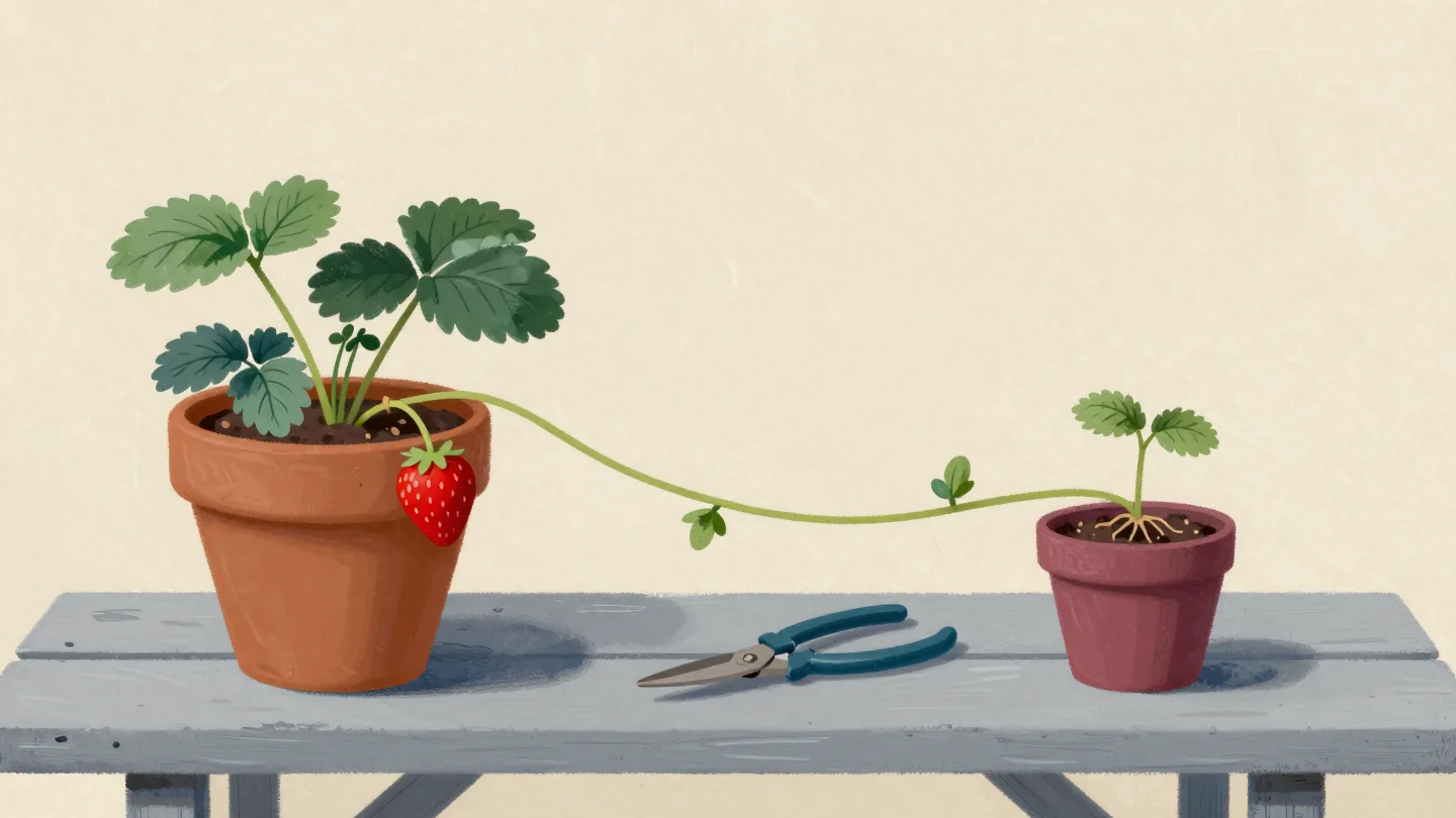 A strawberry plant rooting a runner in a small red pot, garden snips ready to cut the old stem