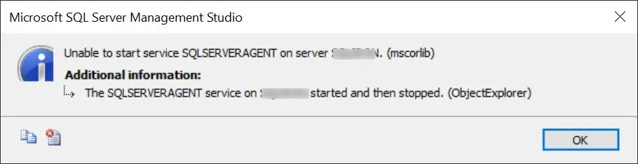 Unable to start service SQLSERVERAGENT.