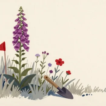 A small red flag marking one foxglove in a garden border with no fence around it
