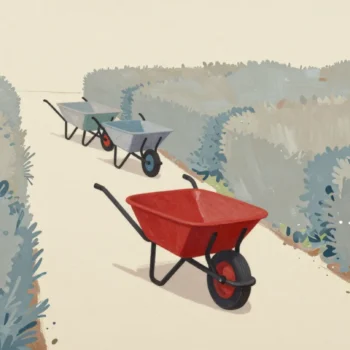 A red wheelbarrow stopped across a garden path with three more wheelbarrows waiting behind it