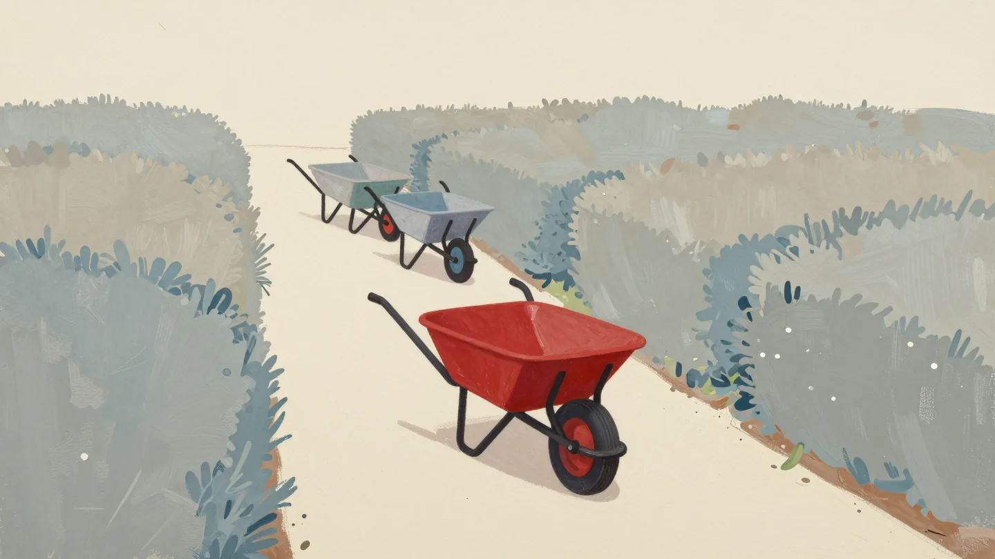 A red wheelbarrow stopped across a garden path with three more wheelbarrows waiting behind it