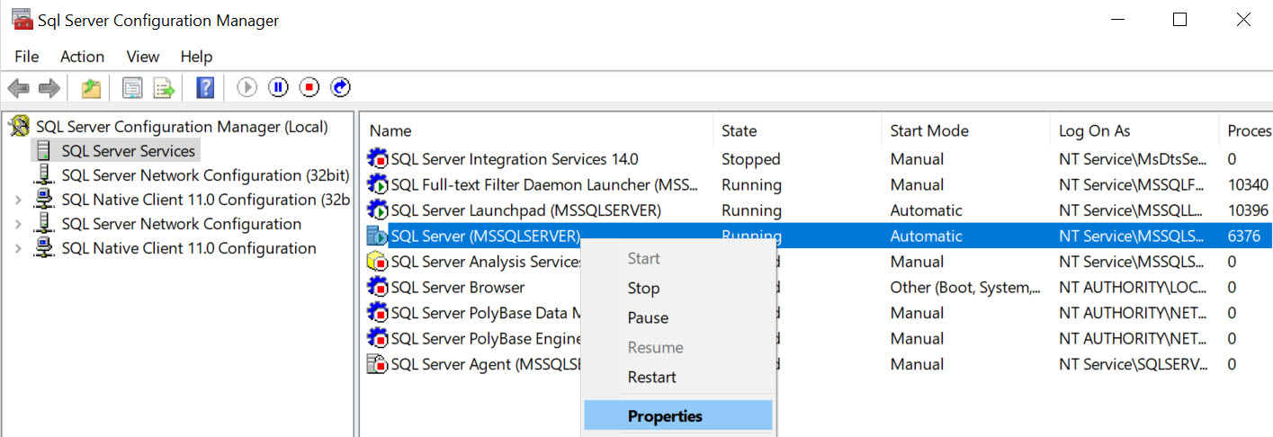 Original Configuration Manager selects Database Engine service Properties