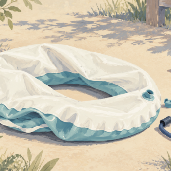 An intact swimring is partly deflated beside its disconnected pump