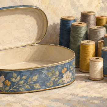 An empty sewing tin stands beside many thread spools that have not been placed inside it