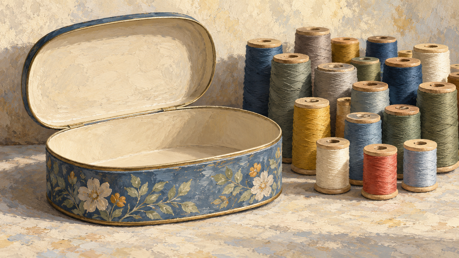 An empty sewing tin stands beside many thread spools that have not been placed inside it