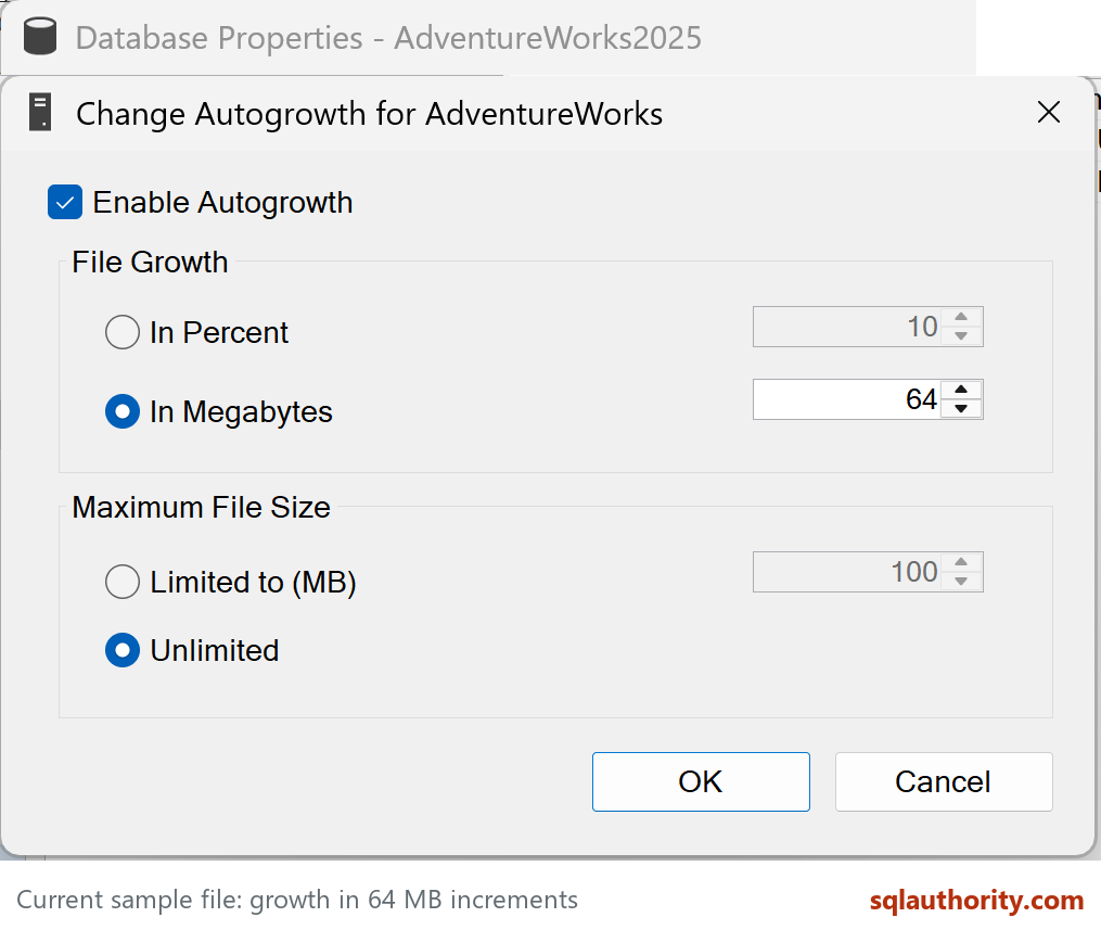 Current sample data file has autogrowth enabled, a 64 MB increment and Unlimited maximum size