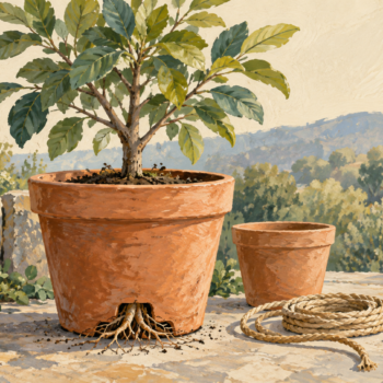 A growing sapling in a terracotta pot stands beside a measuring cord and a spare pot