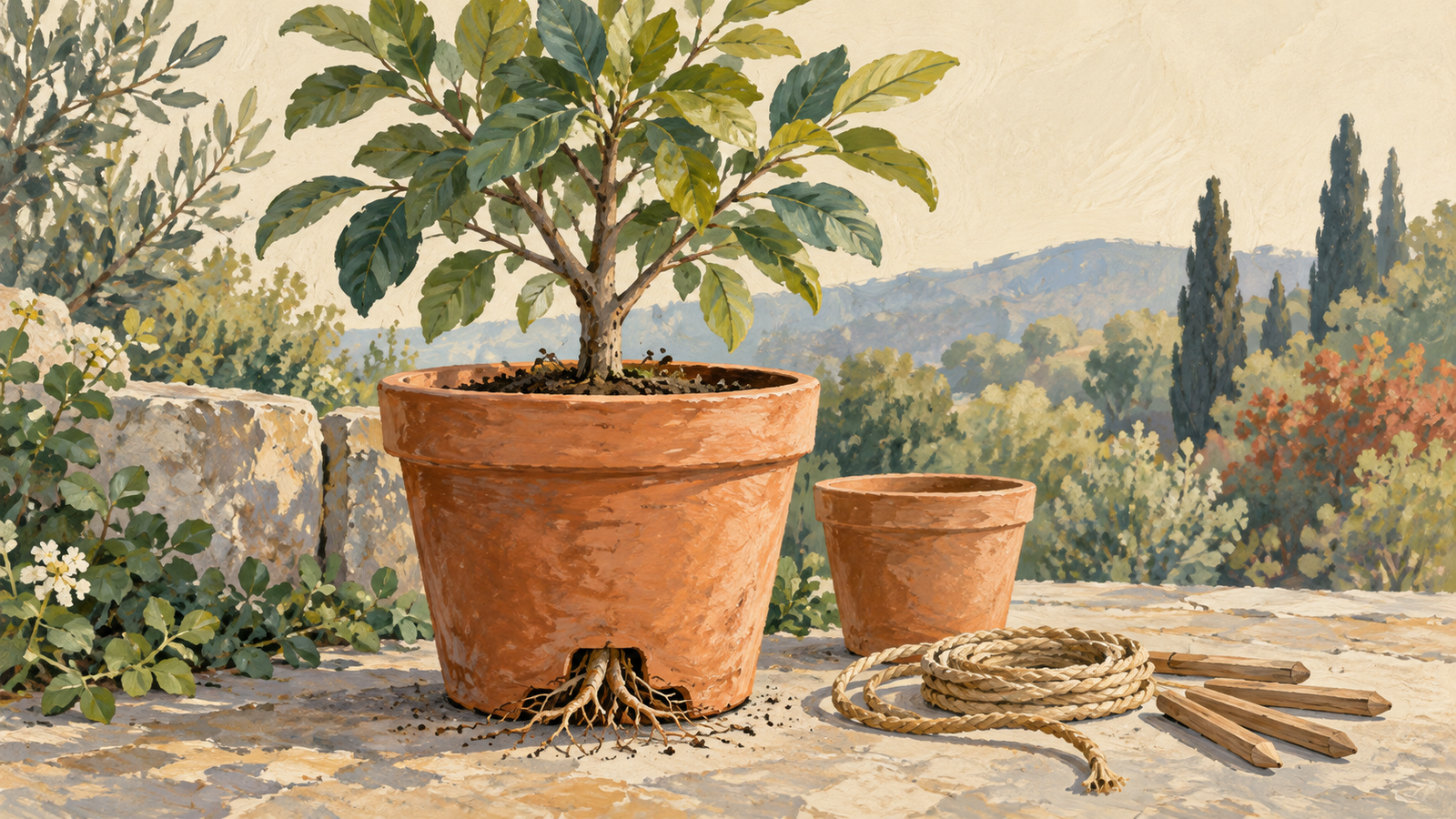 A growing sapling in a terracotta pot stands beside a measuring cord and a spare pot