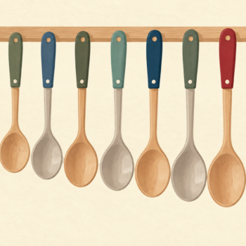 Cooking spoons hang in ascending bowl sizes regardless of their handle colors