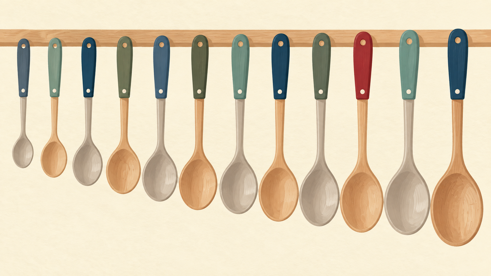 Cooking spoons hang in ascending bowl sizes regardless of their handle colors
